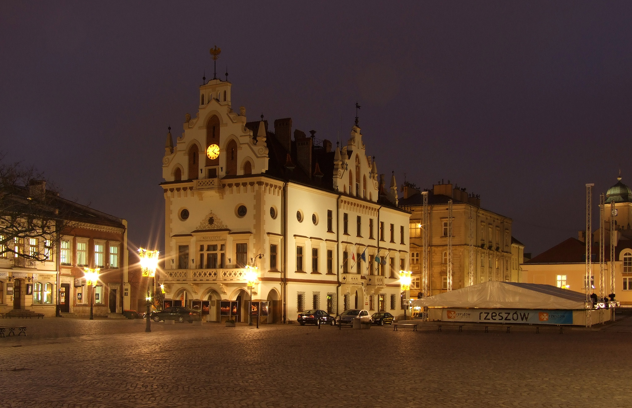 Rzeszów, old City Hall (Ratusz) at main square (Rynek) near evening, before Christmas.